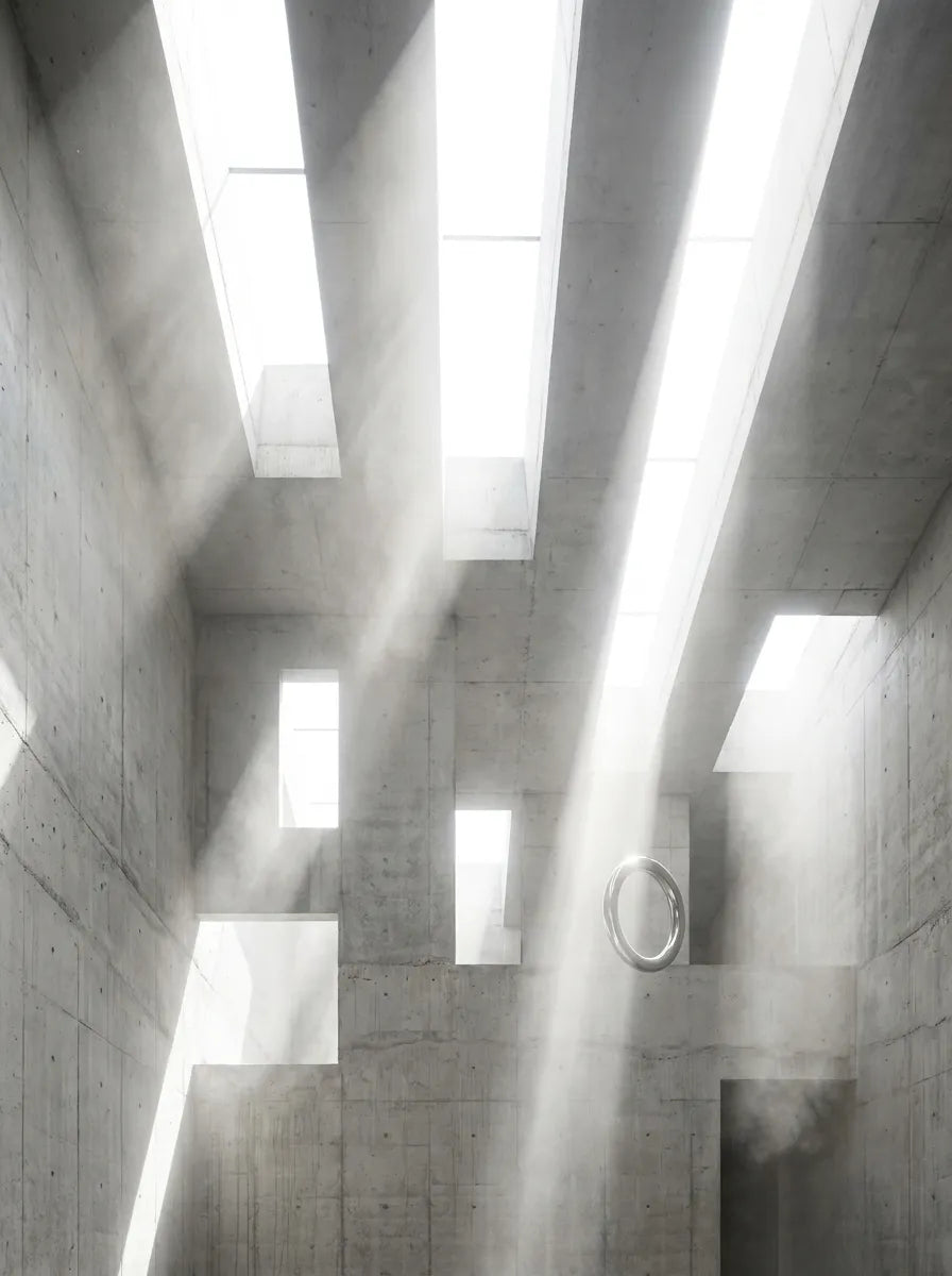 Harsh midday light in a concrete space