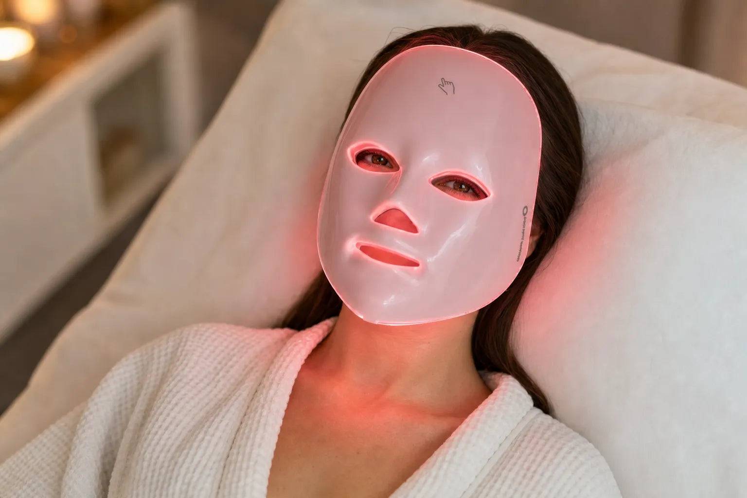Woman wearing the redPINK LED mask