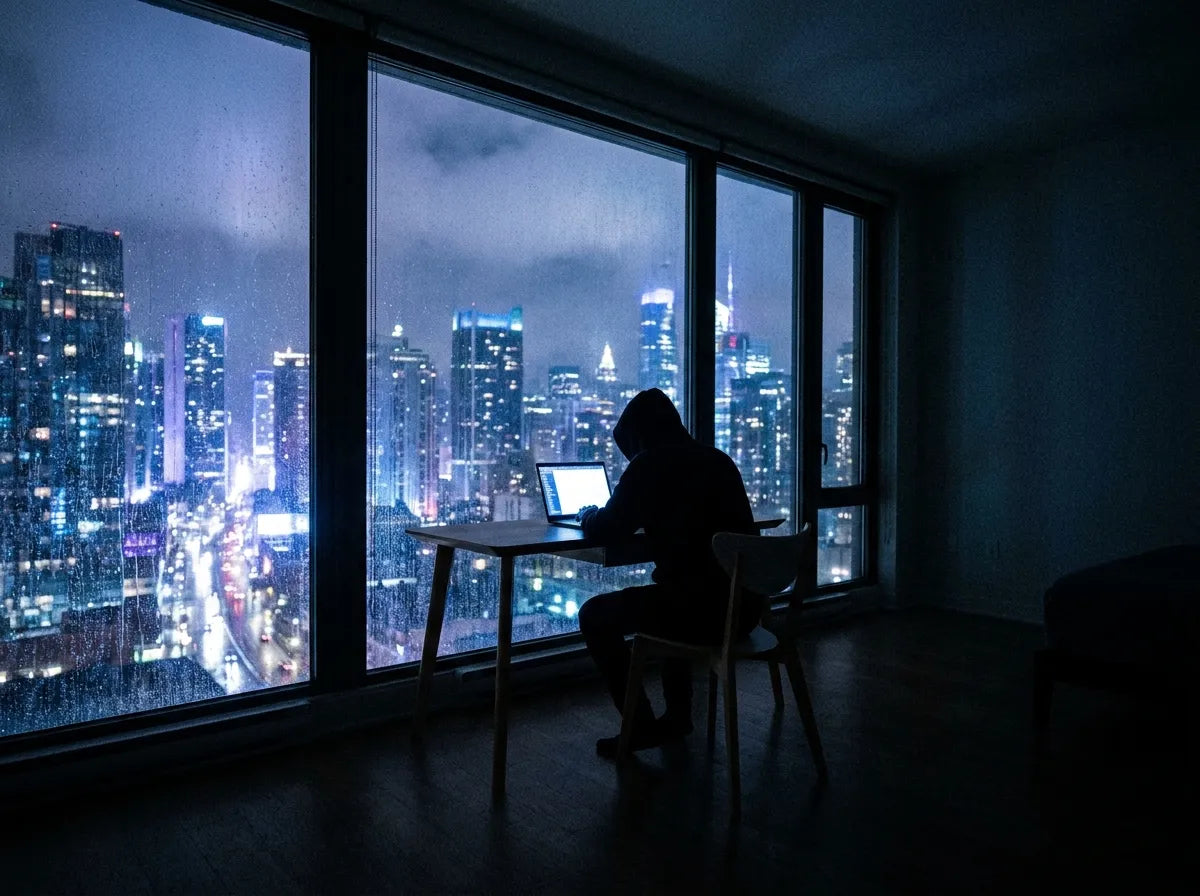 Silhouette at a window over a night city
