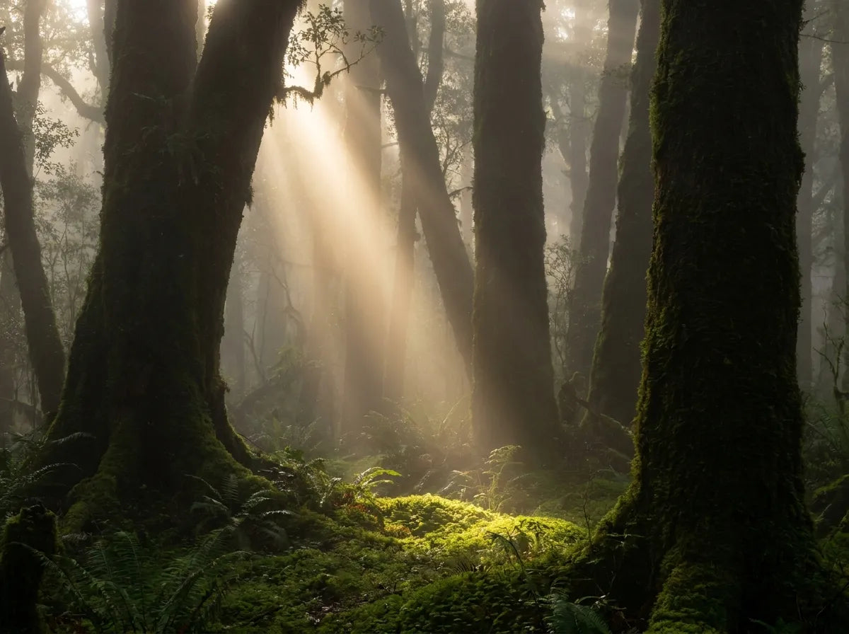 Sunlight breaking through a misty forest